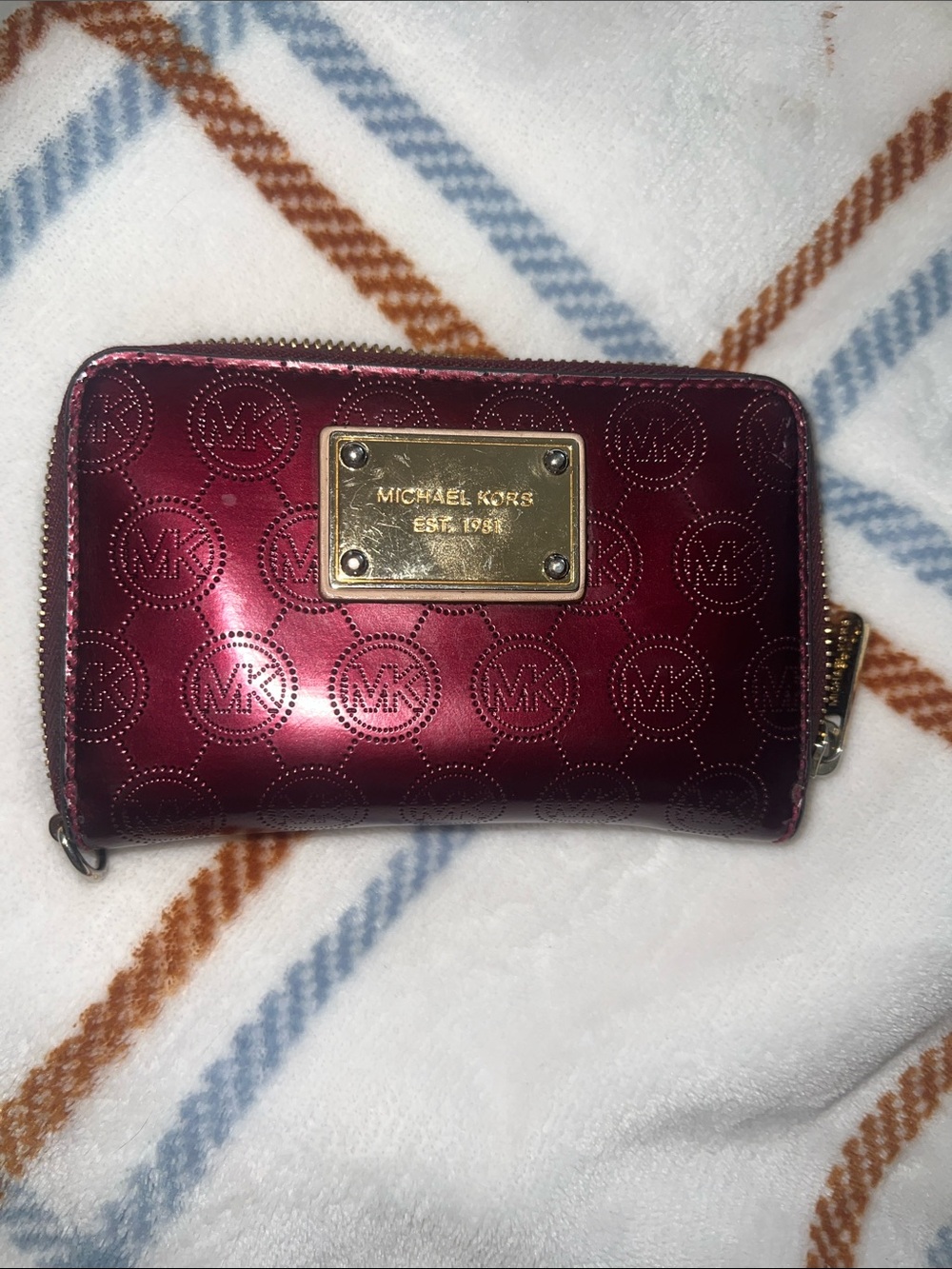 Michael Kors Metallic Wine Red Card Holder with Gold Plaque